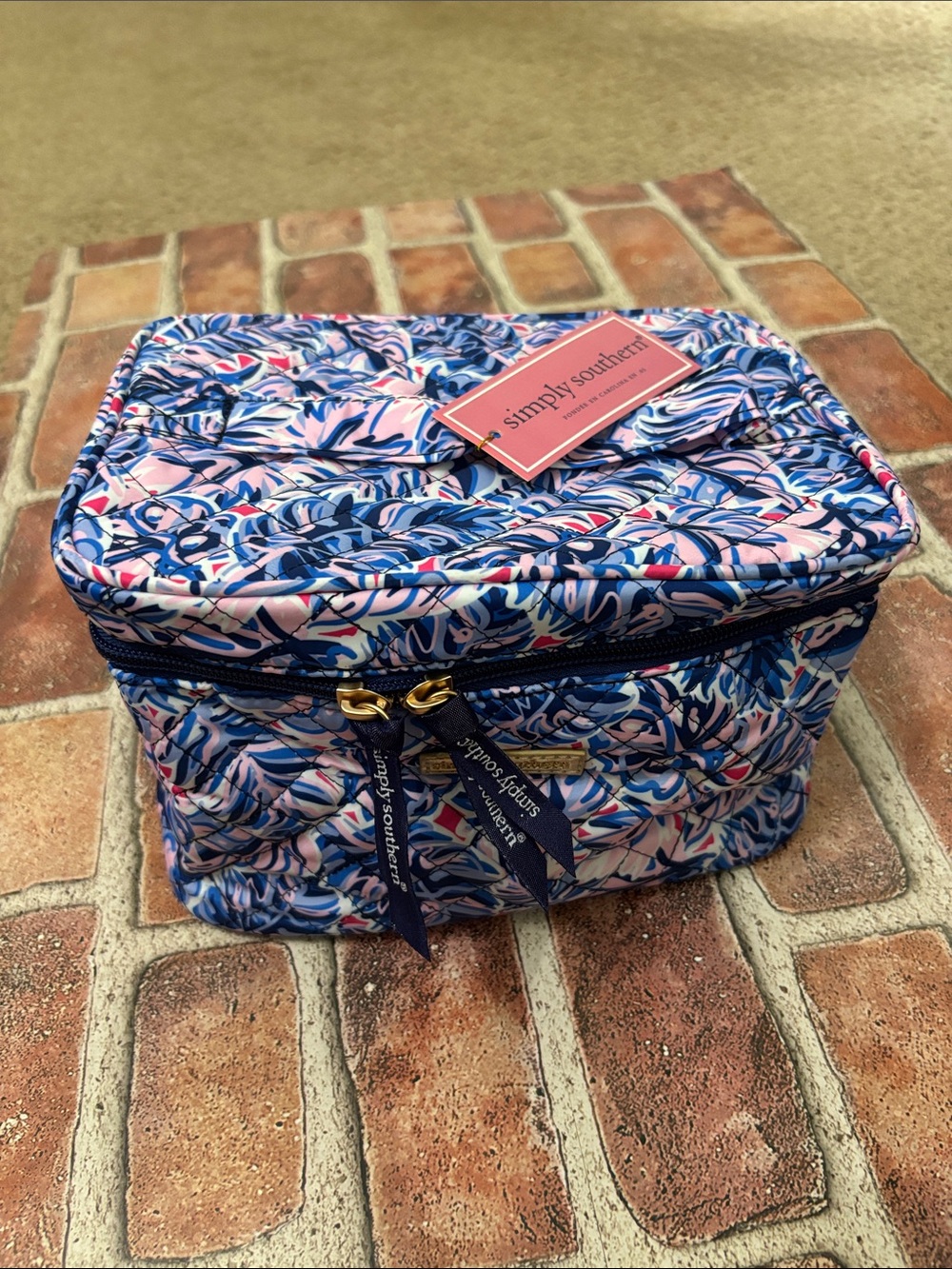 Simply Southern Pink & Blue Quilted Floral Cosmetic Case new with tags